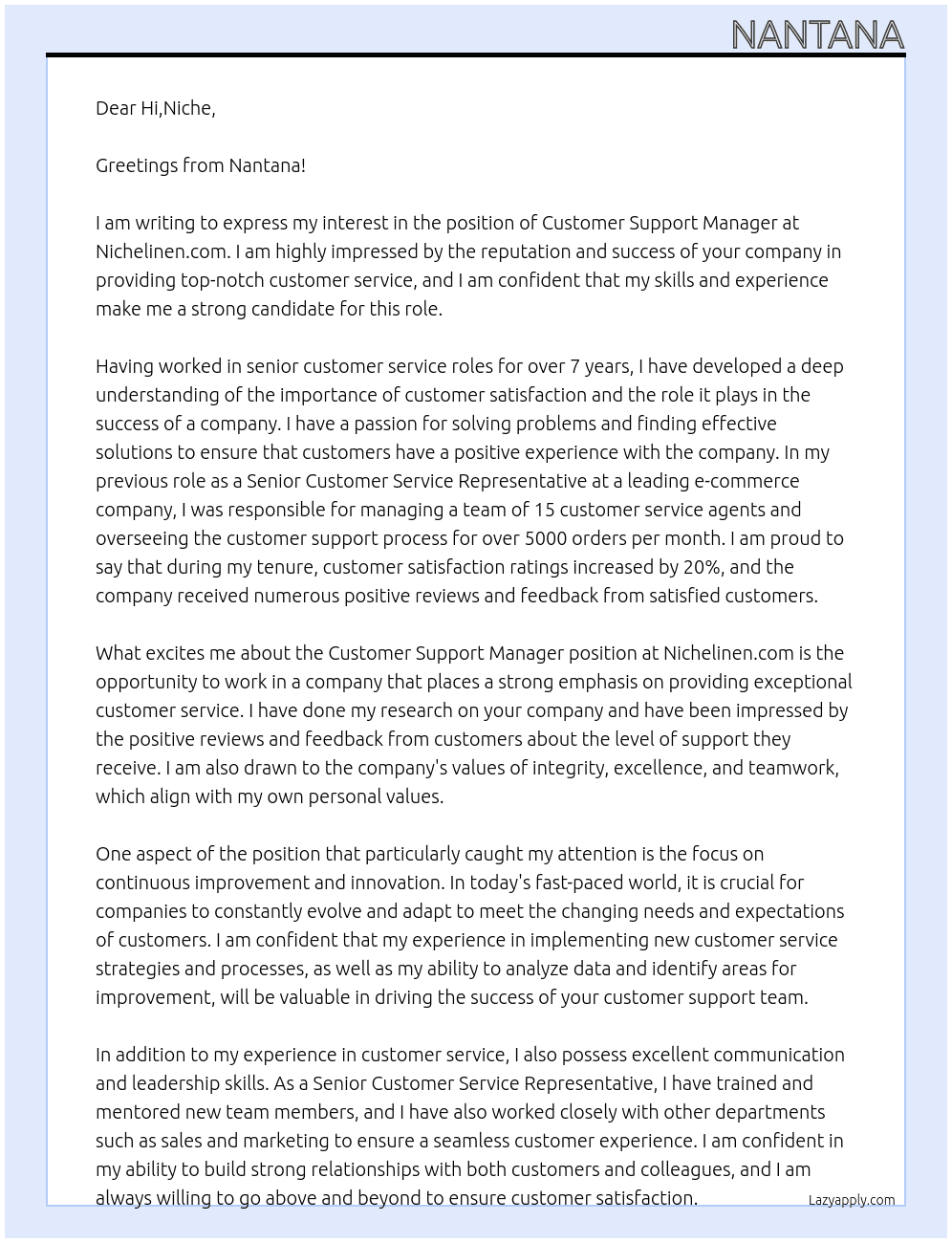 Customer support manager  At nichelinen.com Cover Letter