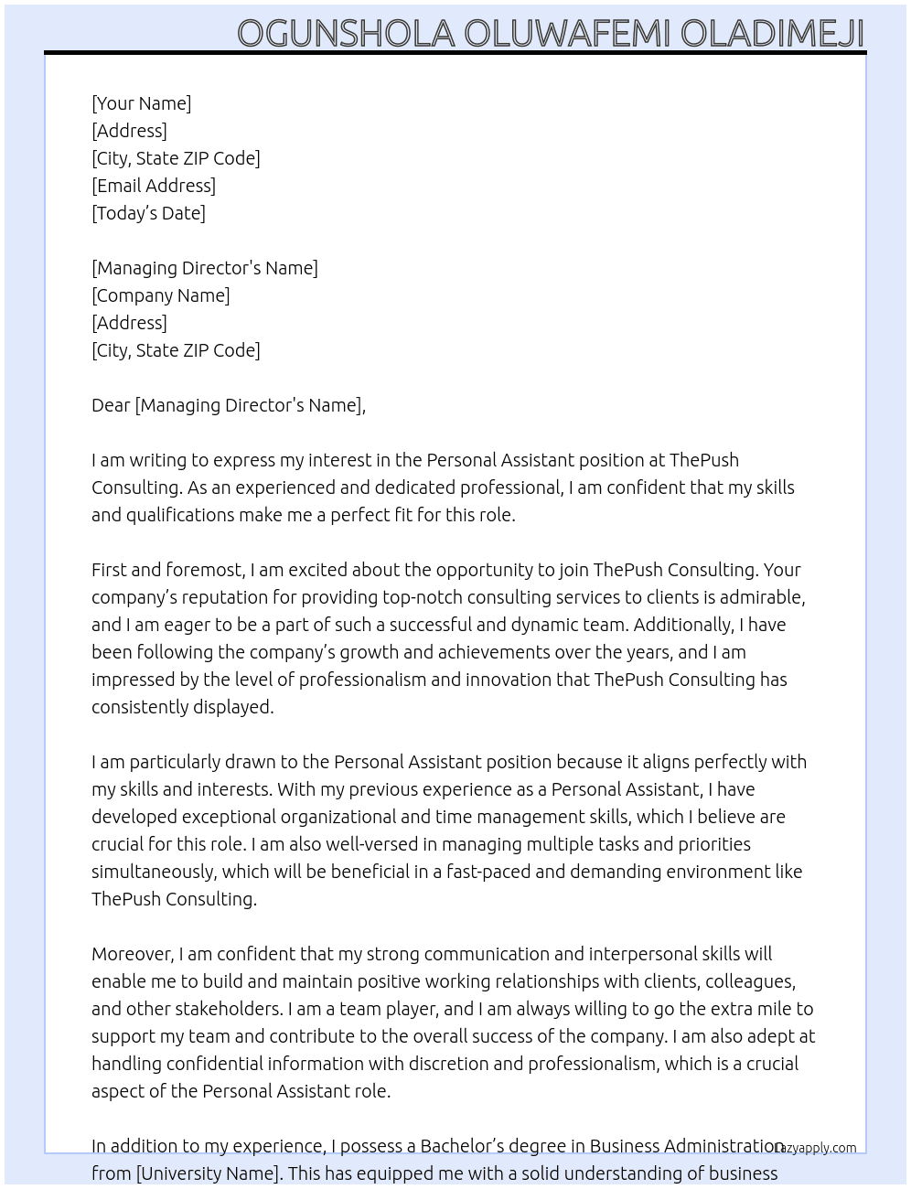 Personal Assistant At ThePush Consulting Cover Letter