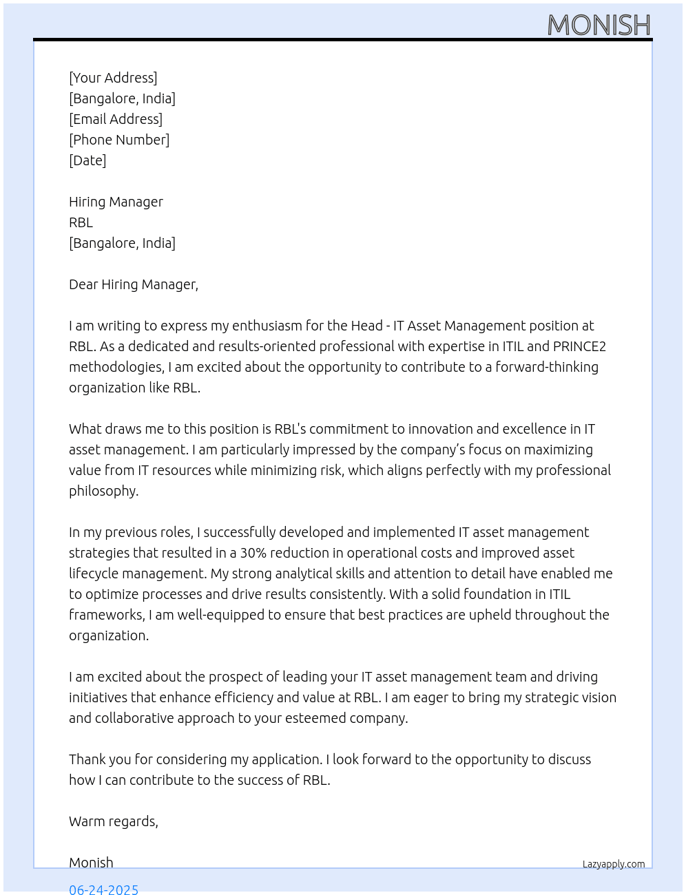 Head - IT Asset Management At RBL Cover Letter