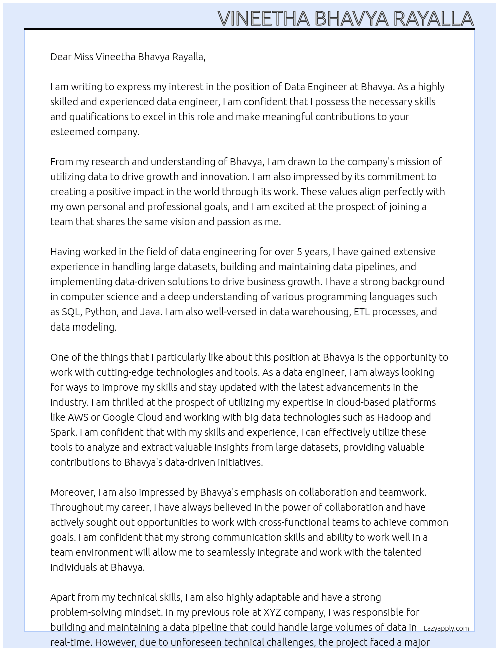 Data Engineer At Bhavya Cover Letter