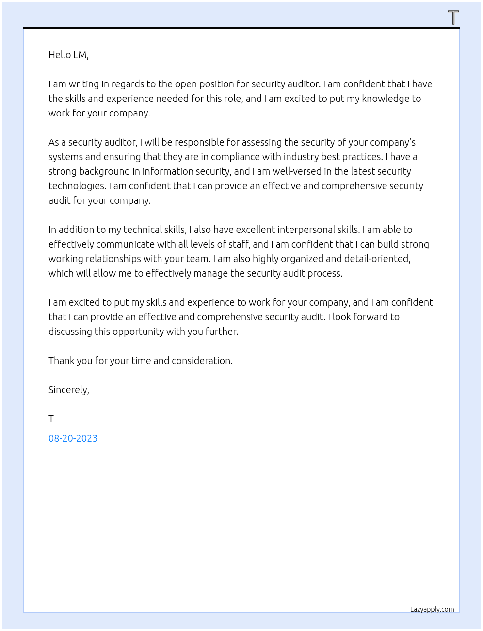 security auditor At lm Cover Letter