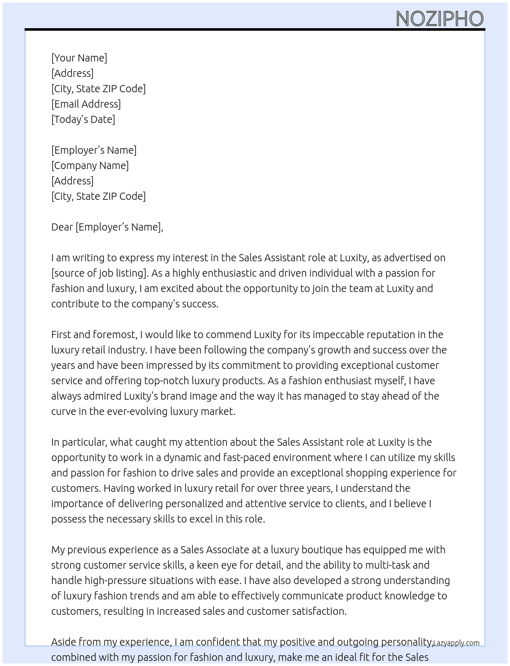 Sales assistant  At Luxity Cover Letter