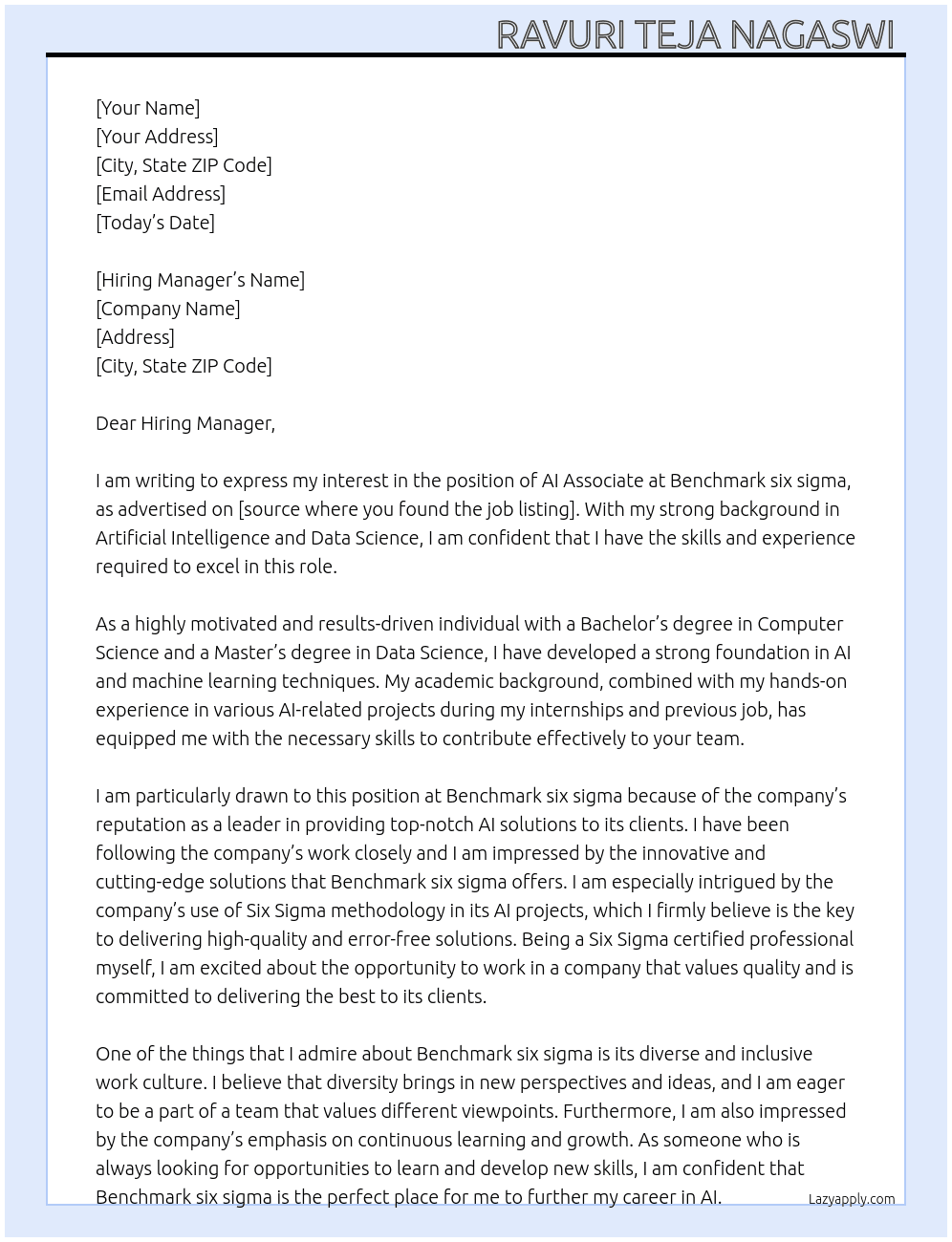 AI Associate At Benchmark six sigma Cover Letter