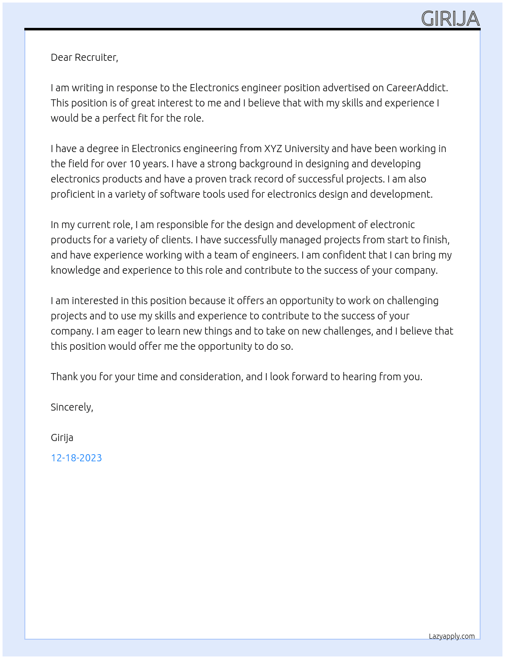 Electronics engineer At CareerAddict Cover Letter