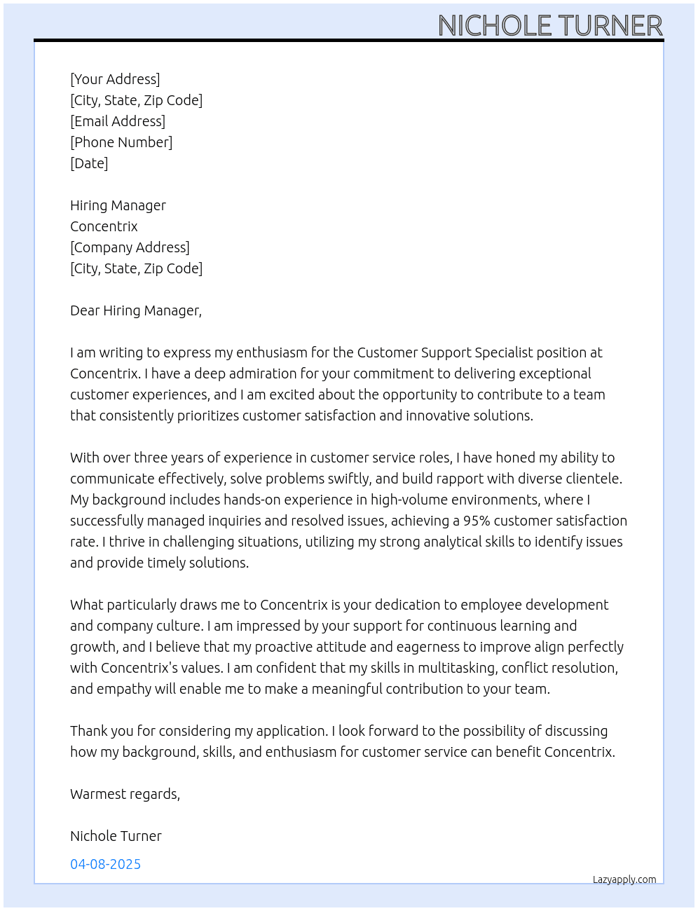 Customer Support Specialist At Concentrix Cover Letter