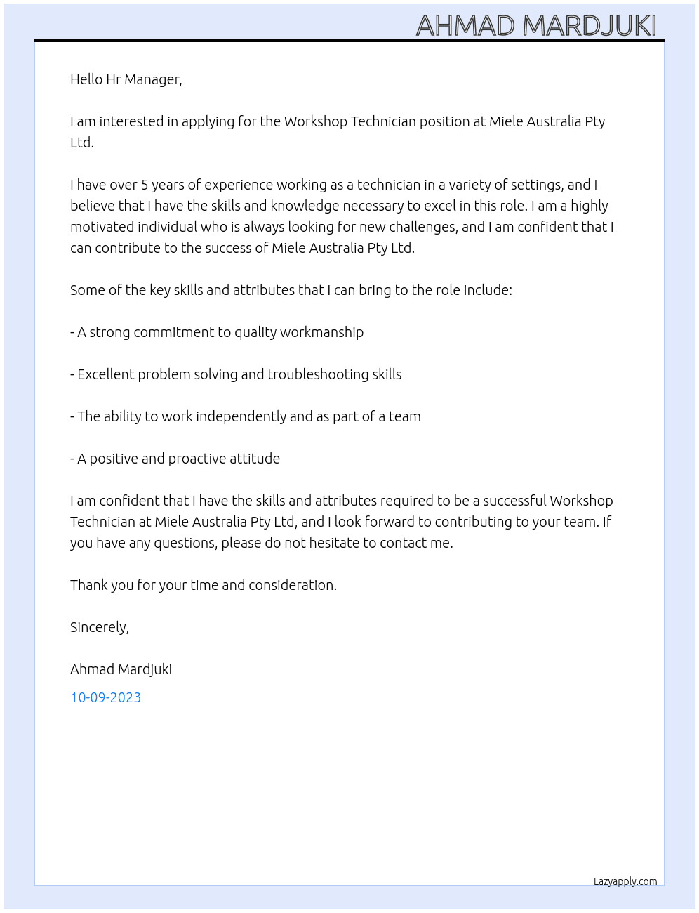 Workshop Technician At Miele Australia Pty Ltd Cover Letter