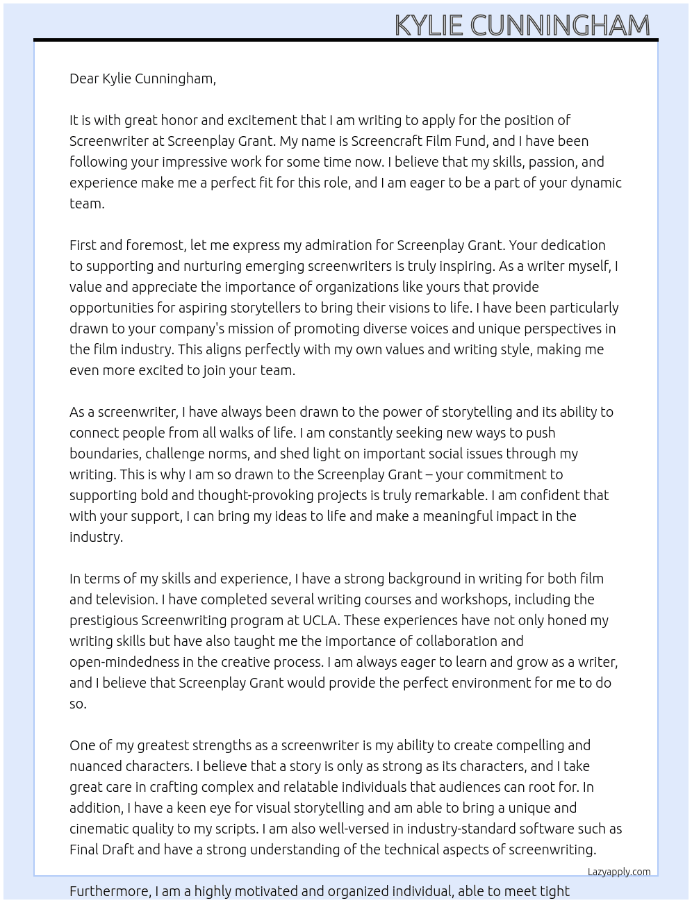 screenwriter At screenplay grant Cover Letter