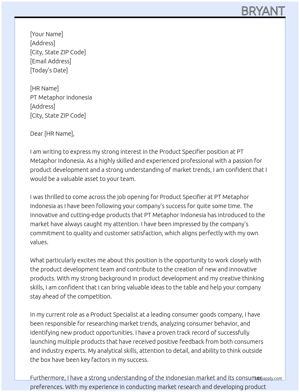 Product Specifier At PT Metaphor Indonesia Cover Letter