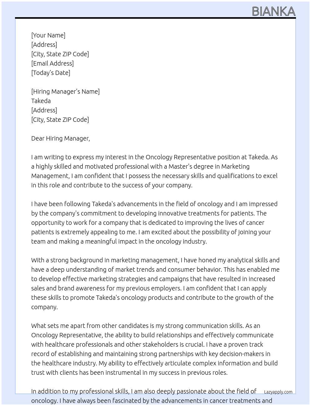 oncology representative  At Takeda Cover Letter