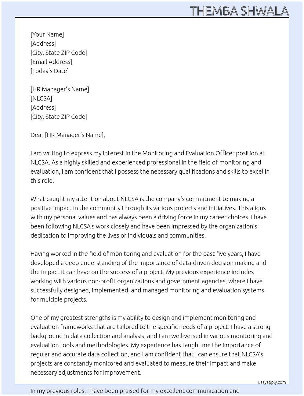 Monitoring and Evaluation Officer At NLCSA Cover Letter