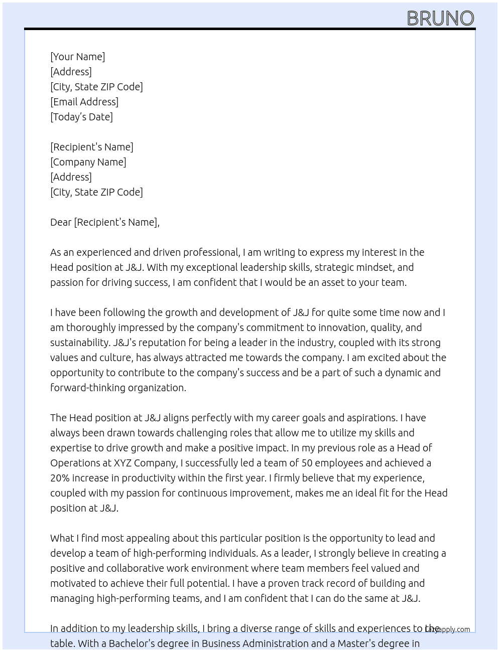 Head At J&J Cover Letter