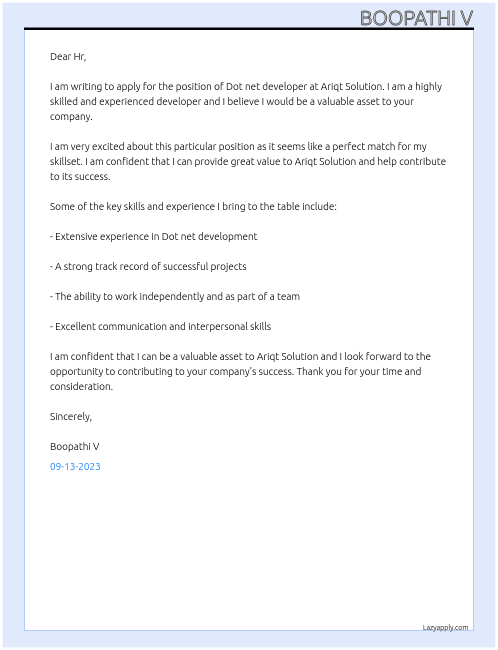 Dot net developer  At Ariqt Solution  Cover Letter