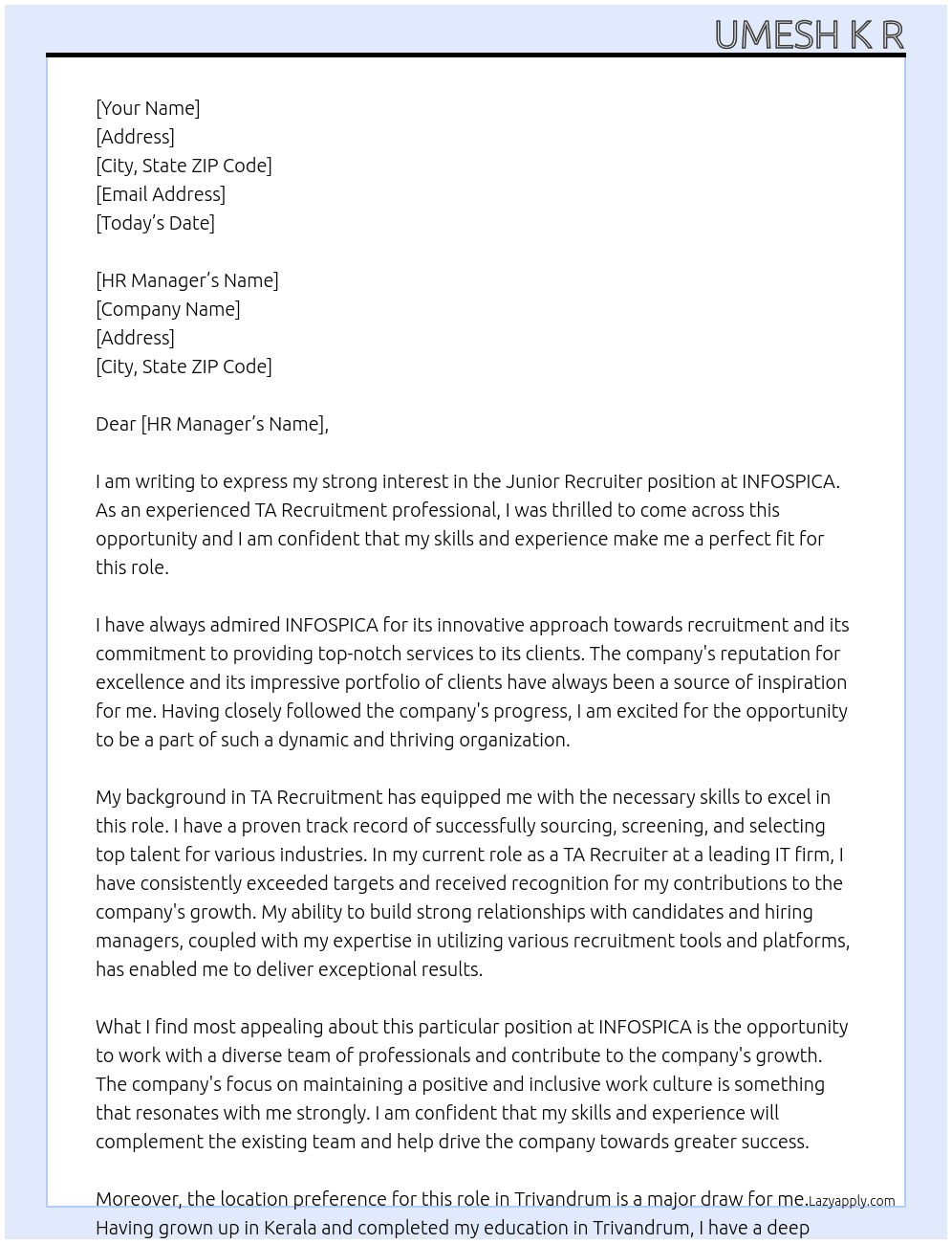 Junior Recruiter At INFOSPICA Cover Letter