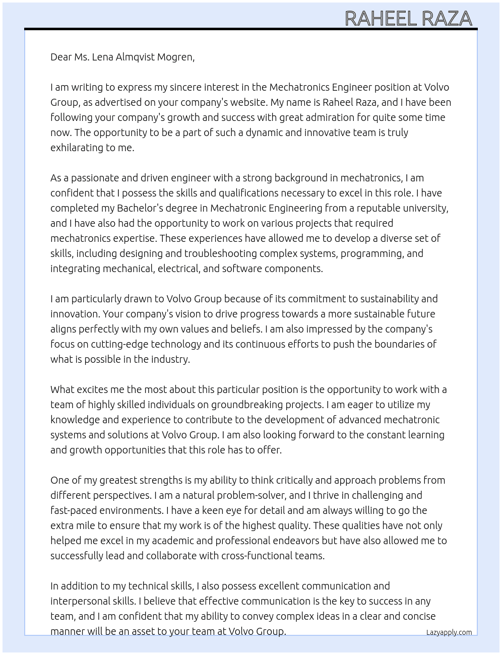 Mechatronics Engineer  At Volvo Group Cover Letter