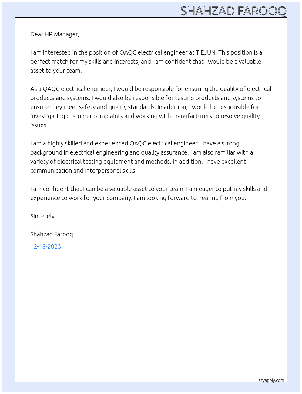  QAQC electrical engineer At TIEJUN Cover Letter