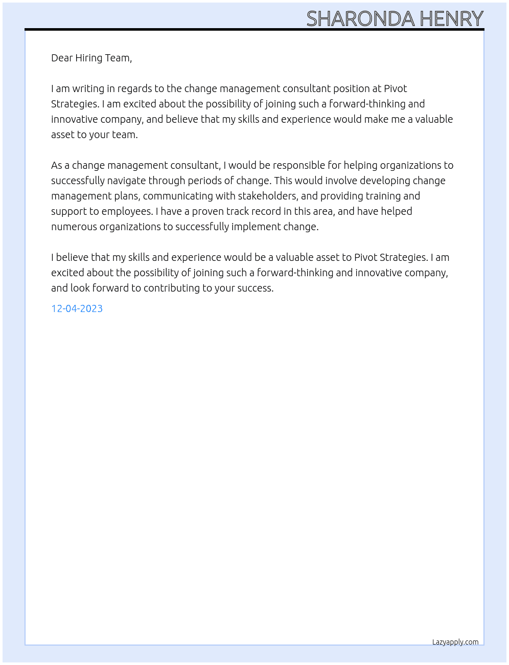 change management consultant At Pivot Strategies Cover Letter