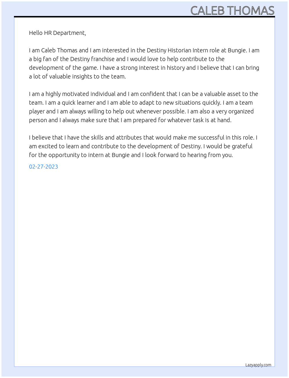 Destiny Historian Intern At Bungie Cover Letter