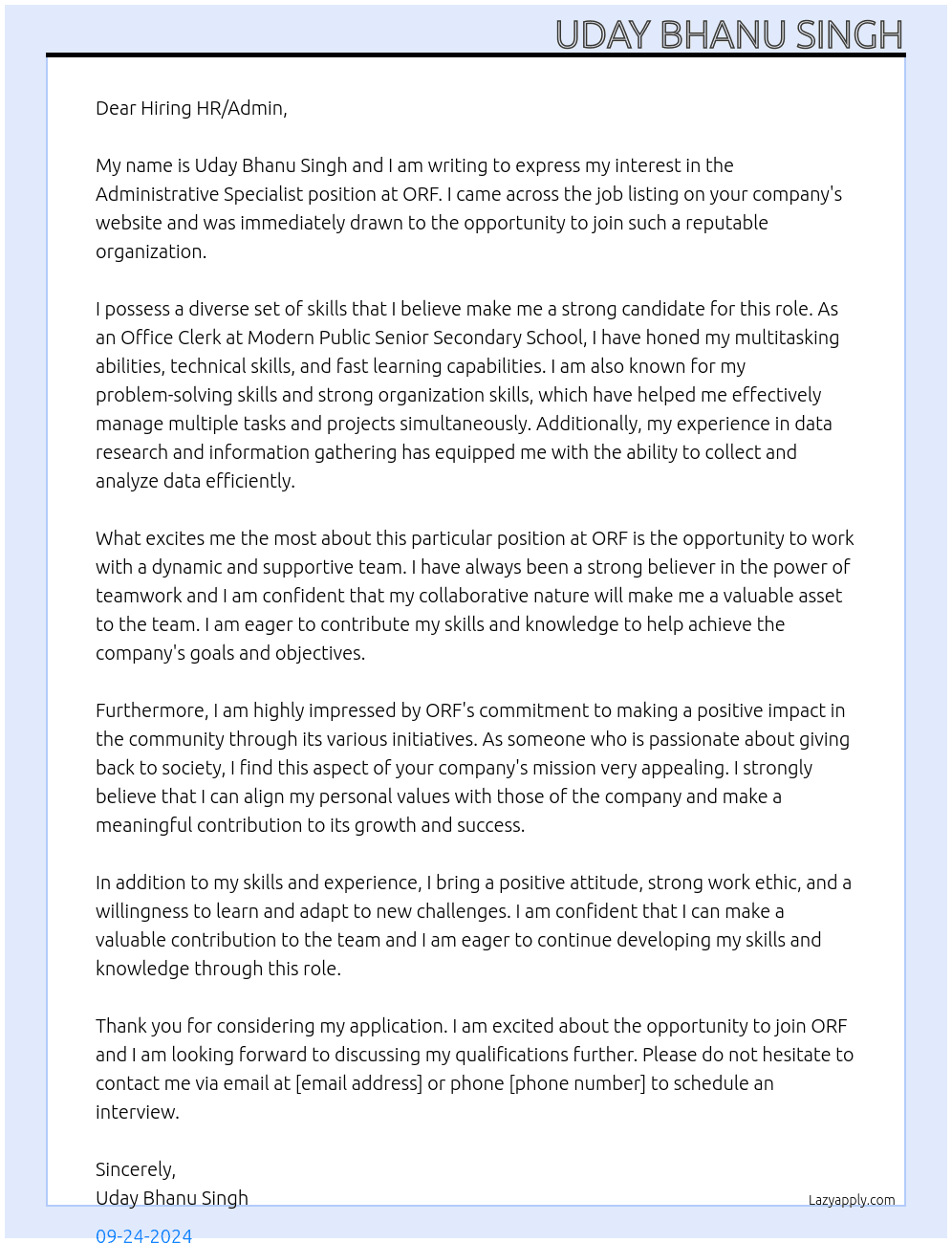Administrative specialist At ORF Cover Letter