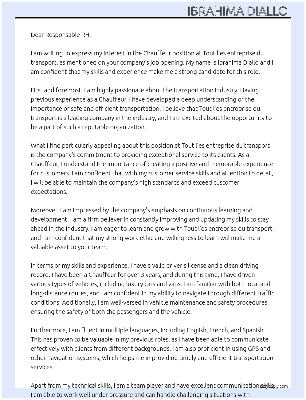 Chauffeur  At Tout l’es entreprise du transport  Cover Letter