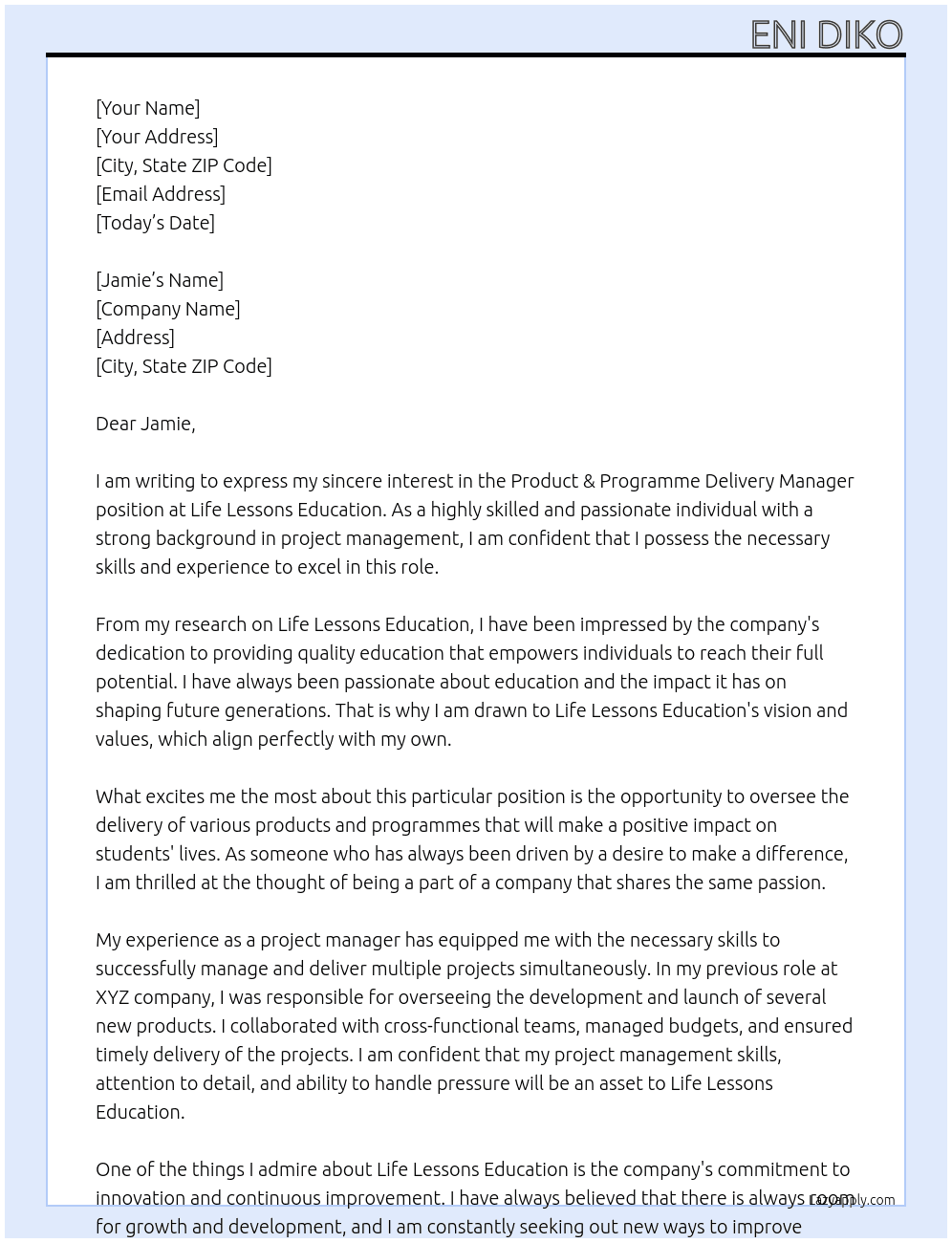 Product & Programme Delivery Manager At Life Lessons Education Cover Letter