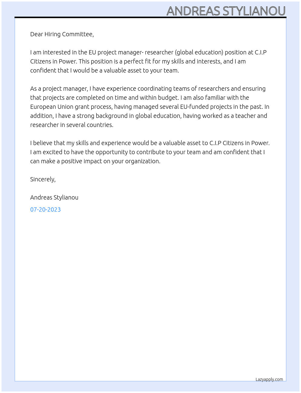 EU project manager- Researcher (Global education)  At C.I.P Citizens in Power Cover Letter