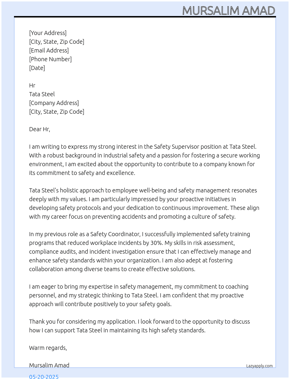 Safety supervisor  At Tata steel  Cover Letter