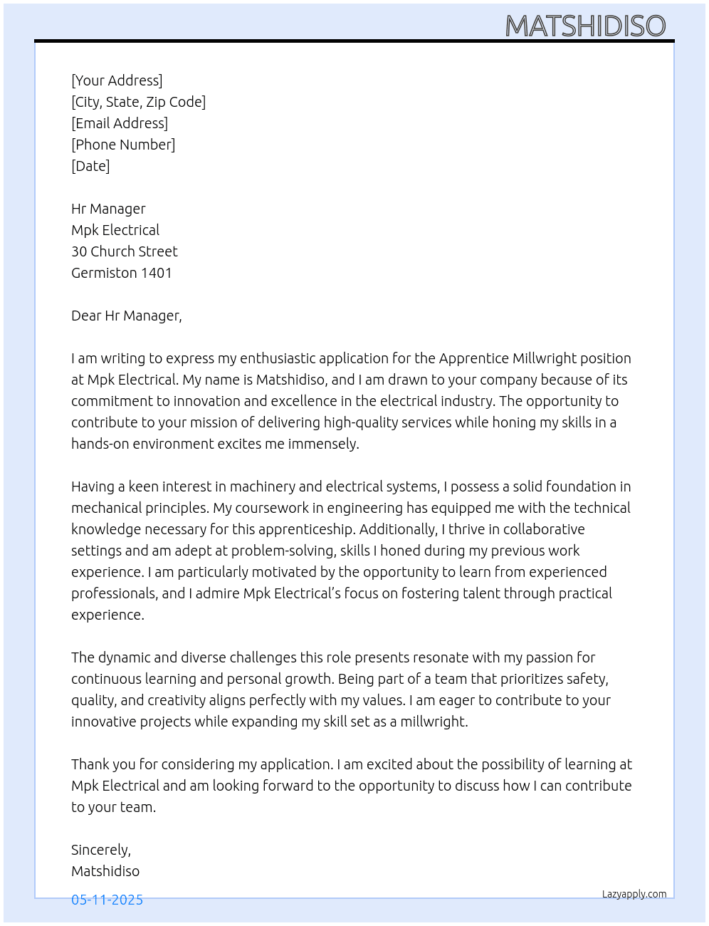 Apprentice millwright  At Mpk electrical  Cover Letter