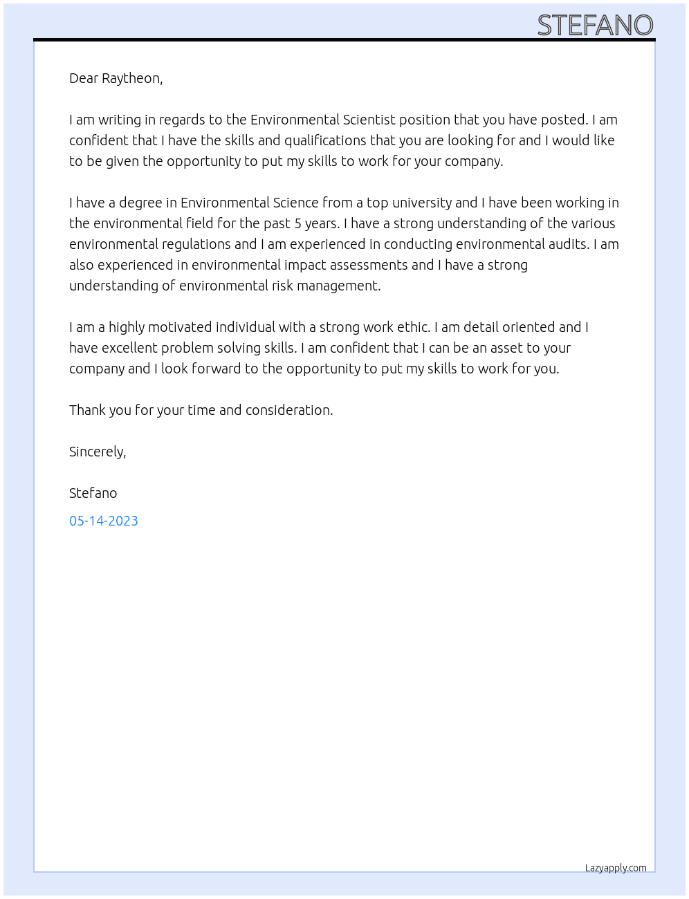 Environmental Scientist At Raytheon Cover Letter
