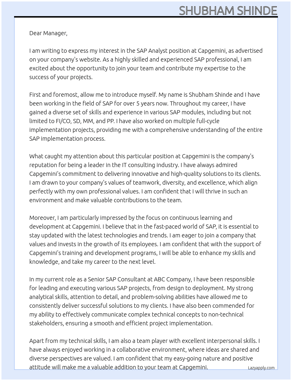 Cover letter for sap analyst - LazyApply