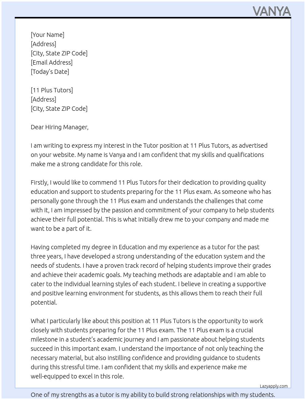 tutor At 11 plus tutors Cover Letter