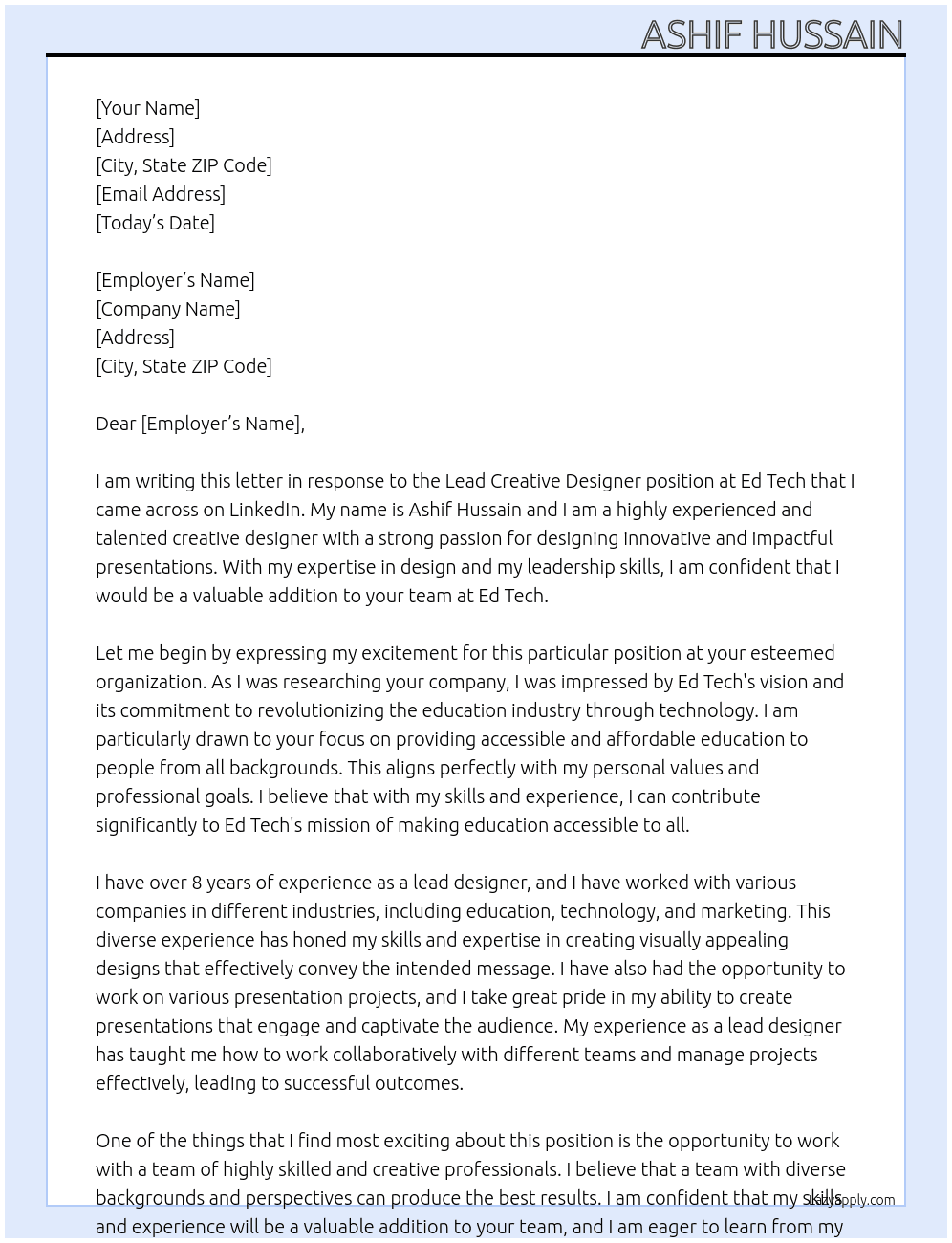 Lead creative designer At Ed Tech  Cover Letter