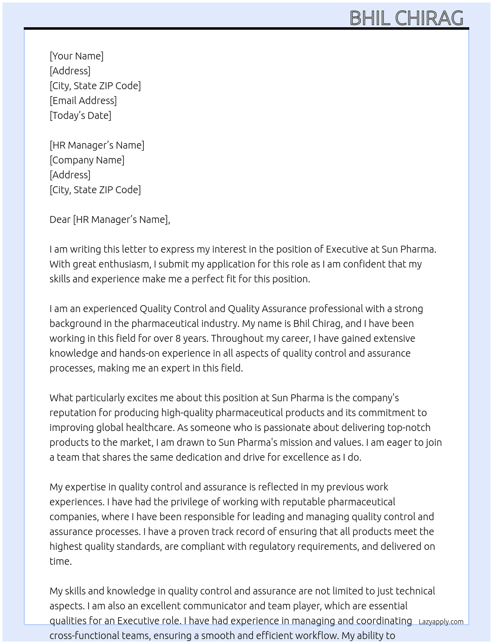 EXECUTIVE  At SUN PHARMA Cover Letter