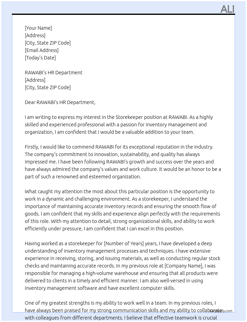 storekeeper At RAWABI Cover Letter