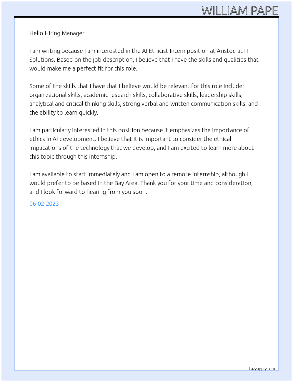 AI Ethicist Intern At Aristocrat IT Solutions Cover Letter