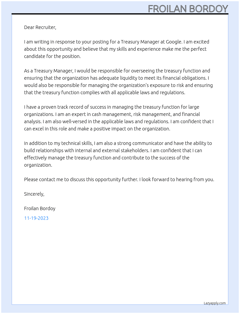 Treasury Manager At Google Cover Letter