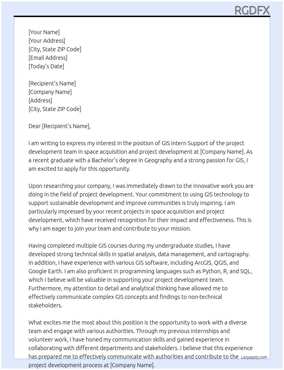 Gis intern Support of the project development team in space acquisition and project development Communication with authorities At fgdv Cover Letter