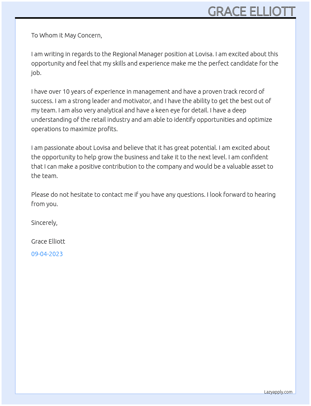 Regional Manager At Lovisa Cover Letter