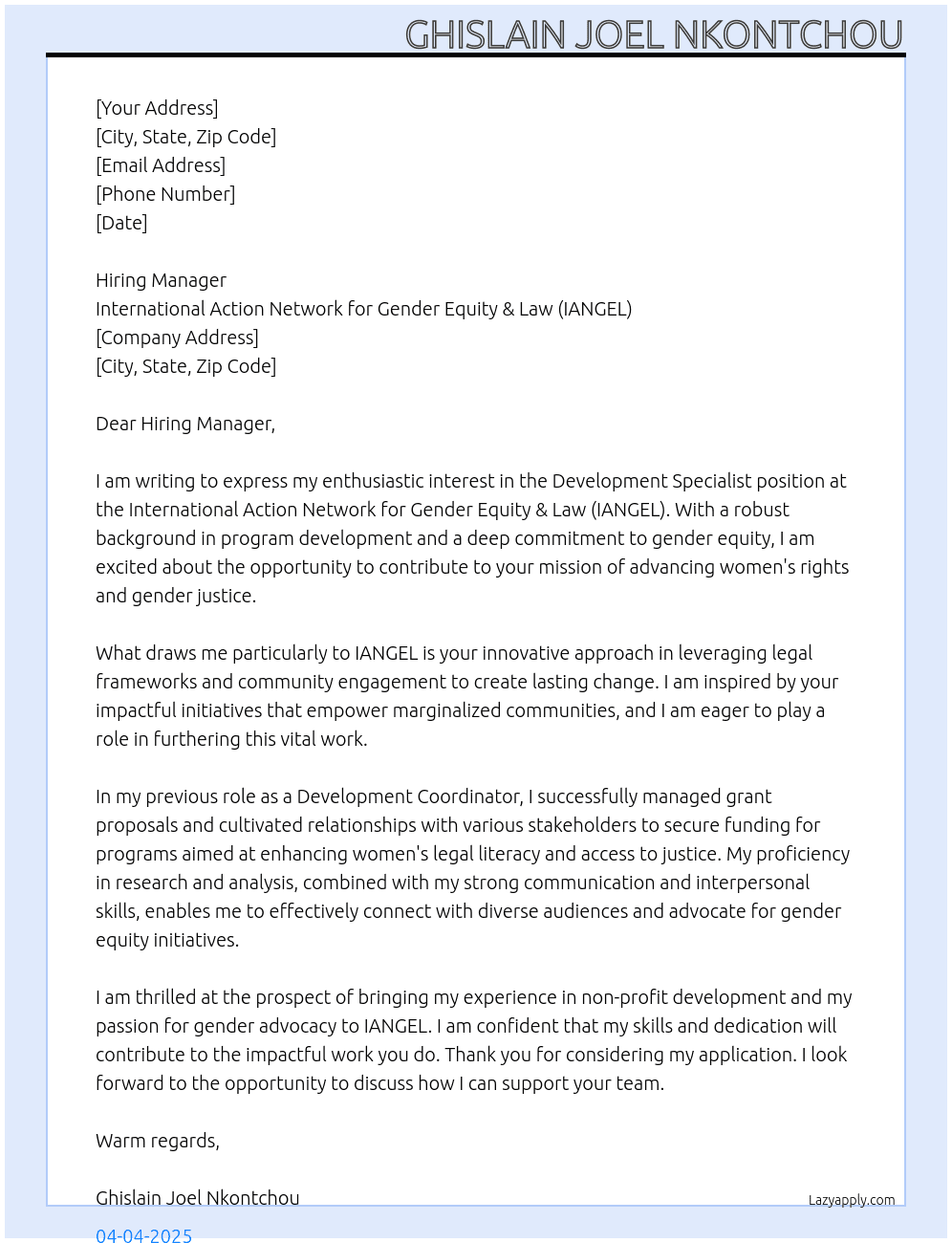 Cover letter for development specialist - LazyApply