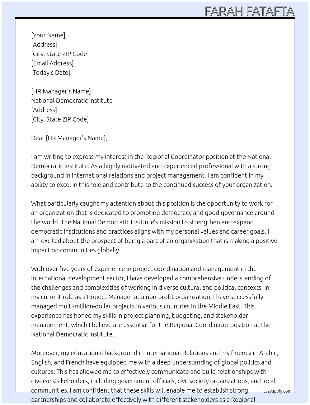 Regional Coordinator At National Democratic Institute Cover Letter