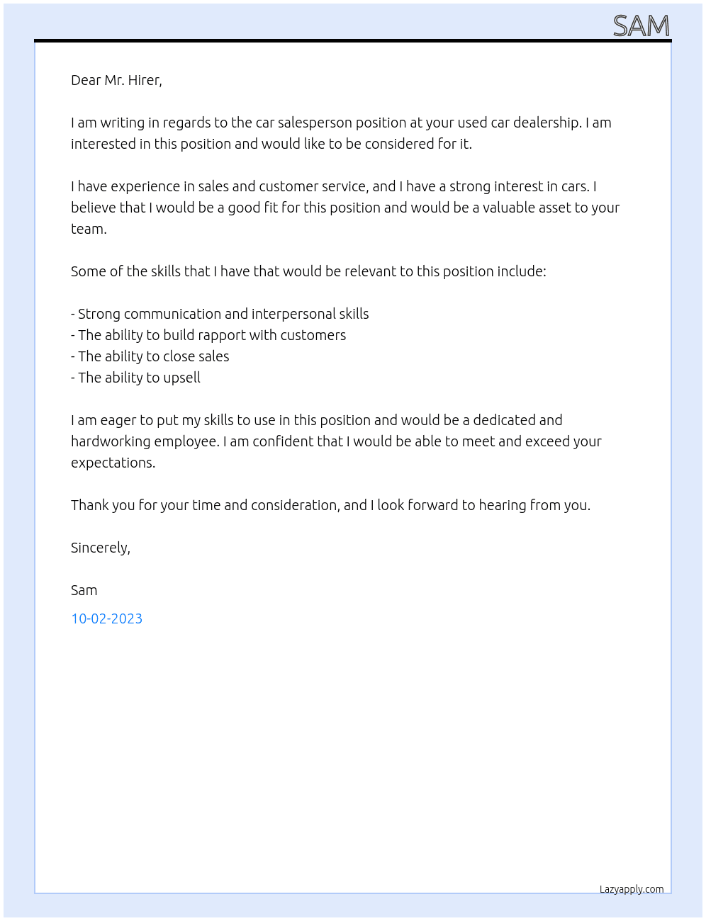 car salesperson At used car dealership Cover Letter
