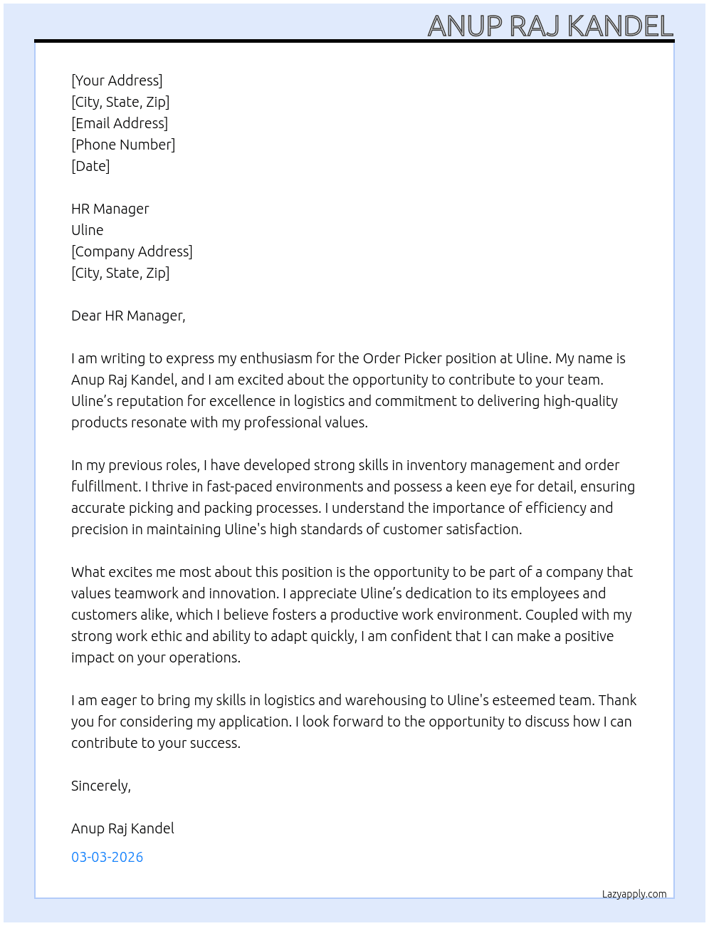 Cover letter for order picker - LazyApply