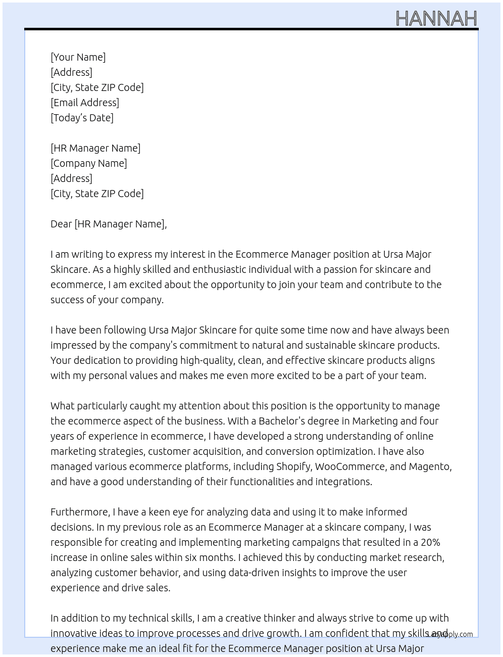 Ecommerce Manager At Ursa Major Skincare Cover Letter