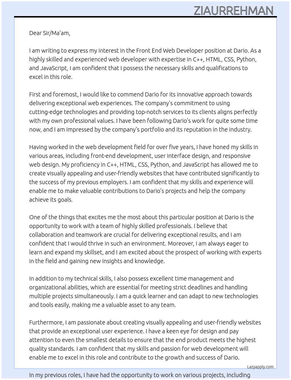 Front end Web developer  At dario Cover Letter