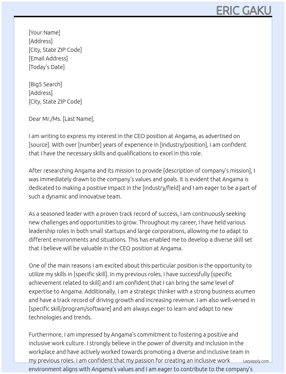 CEO At Angama Cover Letter