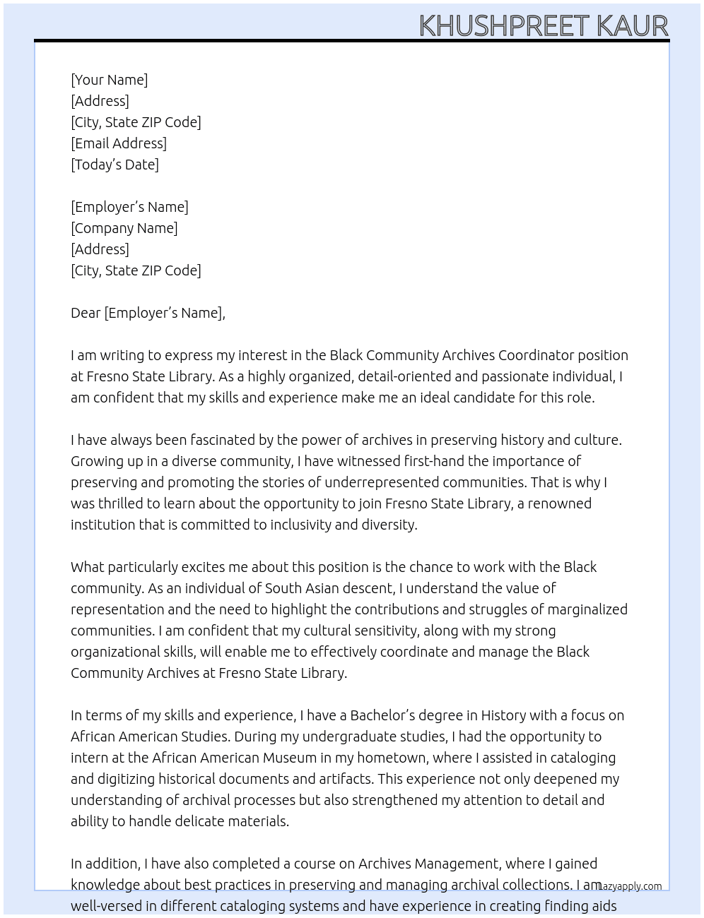 black community archives coordinator At Fresno state library Cover Letter