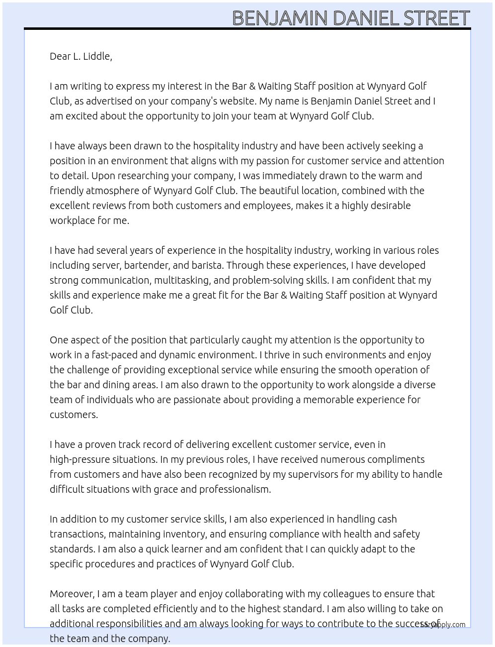 Bar & Waiting Staff At Wynyard Golf Club Cover Letter