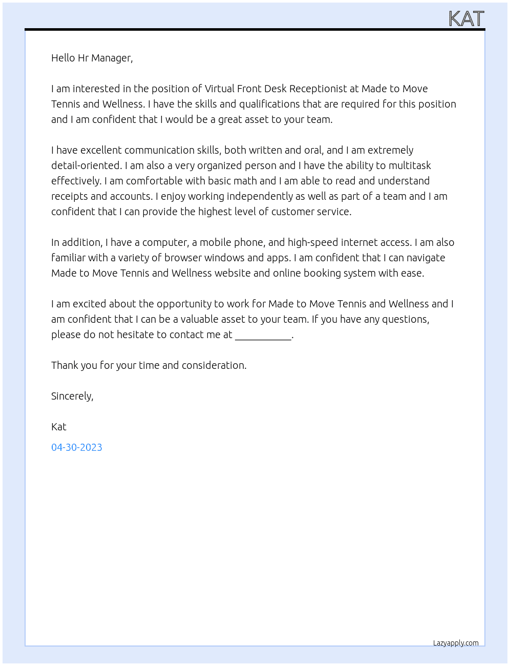 Virtual Front Desk Receptionist At Made to Move Tennis and Wellness  Cover Letter