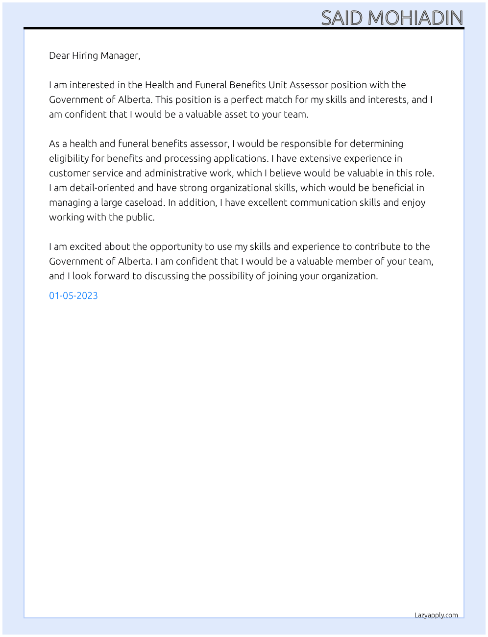 Health and Funeral Benefits Unit Assessor At Government of Alberta Cover Letter