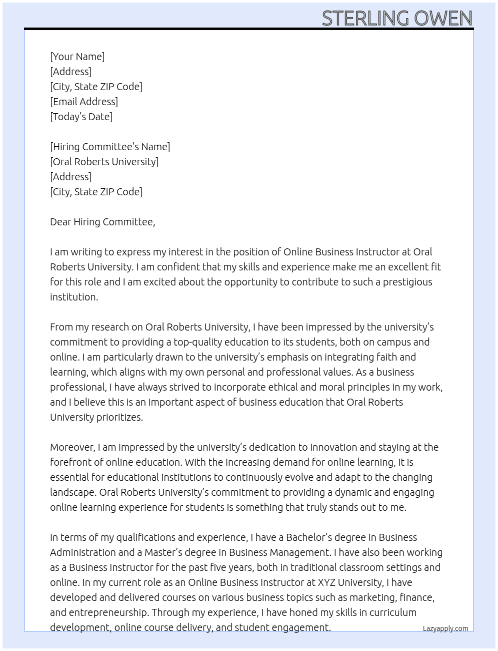 Online Business Instructor At Oral Roberts University Cover Letter