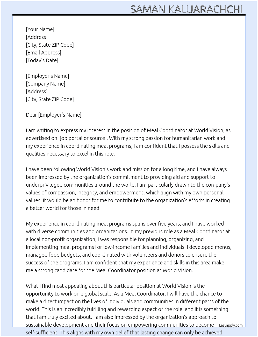 Meal coordinator  At World vision  Cover Letter